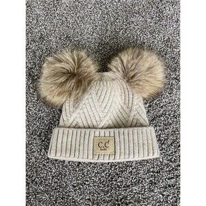 C.C Baby Beige Knit Beanie Hat Double Pom Pom Soft Winter Cap 0-3M